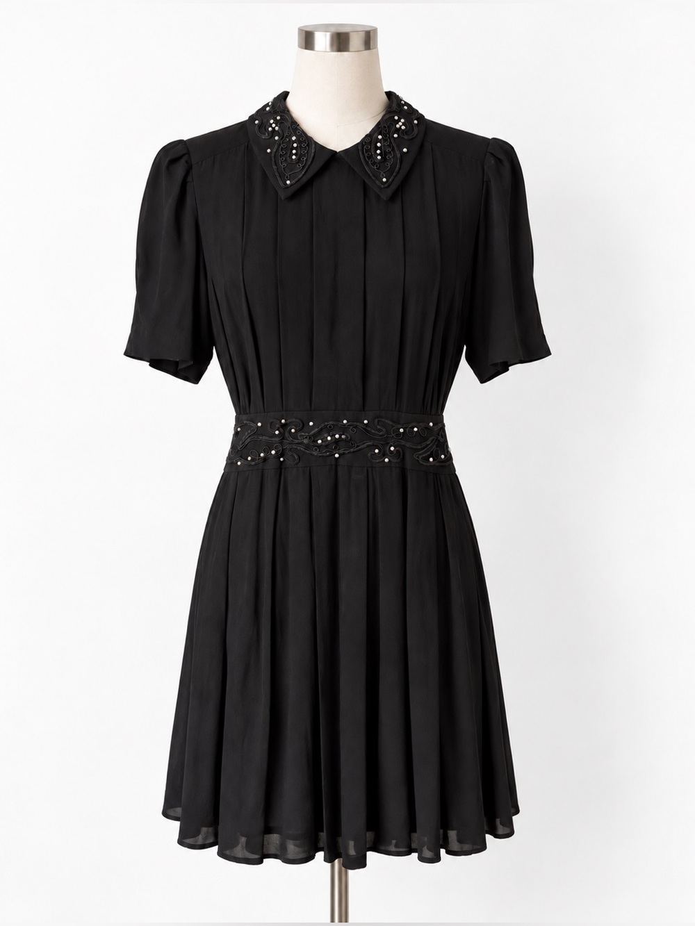 Vintage Karin Stevens Romantic Goth Pearl Soutache Pleated Dress M